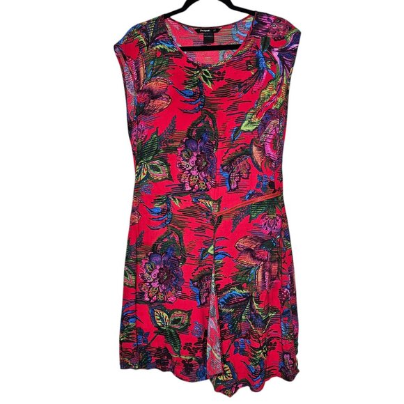 Desigual 42 M Red Botanical Dress Floral Zipper Ofelia Asymmetric Euro Tropical - Picture 2 of 7